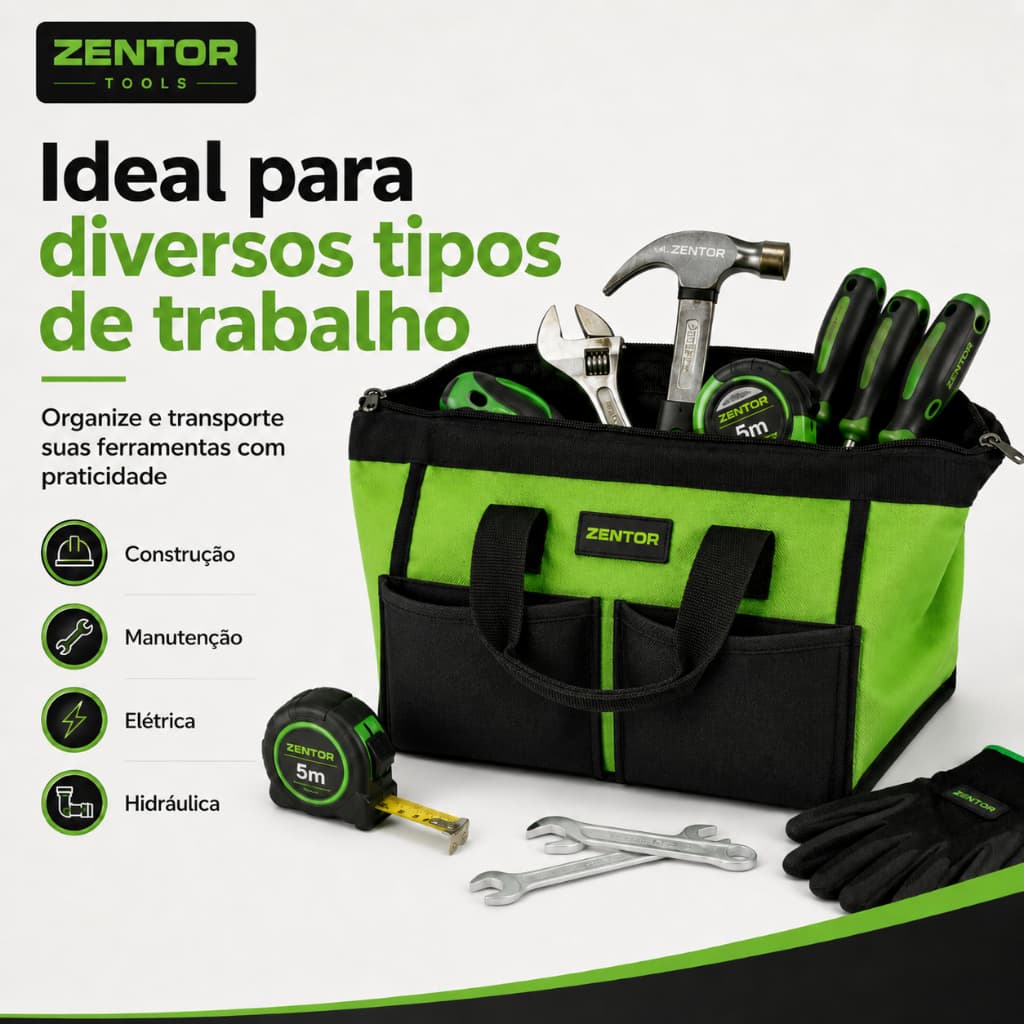 Bolsa de Ferramentas ZENTOR Profissional Reforçada com Bolsos Portátil Eletricista Manutenção