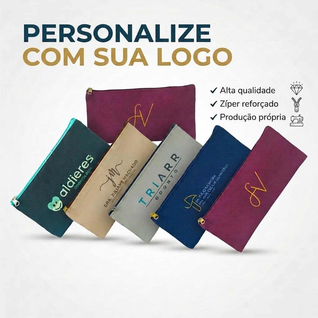 kit Bolsa Necessaire Personalizada com Logo Brinde Corporativo Empresas Clínica 25x10cm Diversas Cores