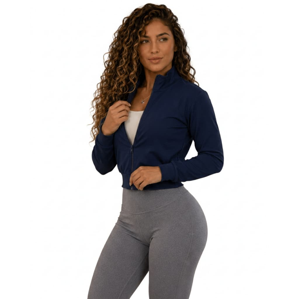 Jaqueta Cropped Feminino Poliamida Tecido Gelado Manga Longa Fitness Academia Treino Conforto Premium Com Zíper Casual