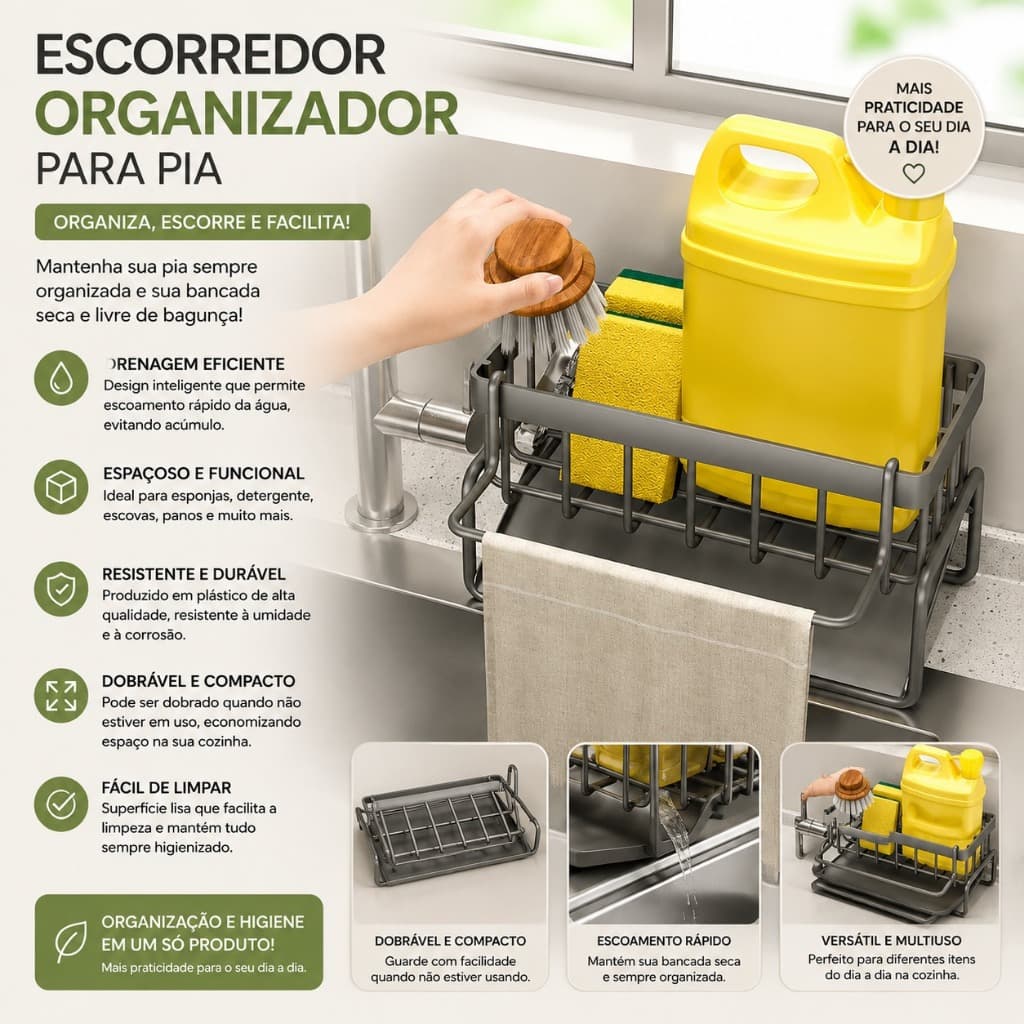 Suporte Organizador Para Pia Porta Bucha Esponja Detergente Com Bandeja De Escoamento