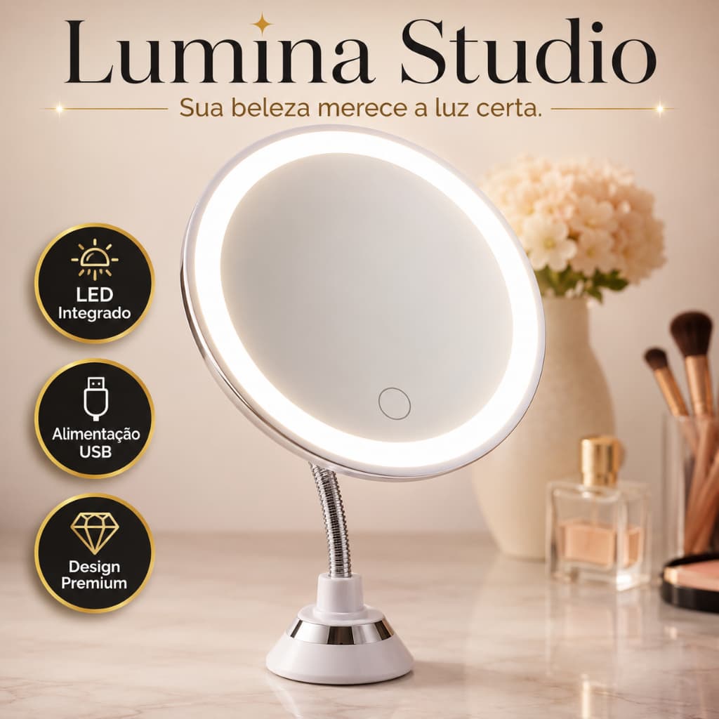 Espelho de Mesa LED Lumina Studio com Iluminação USB para Maquiagem, Skincare, Penteadeira e Cuidados com a Pele
