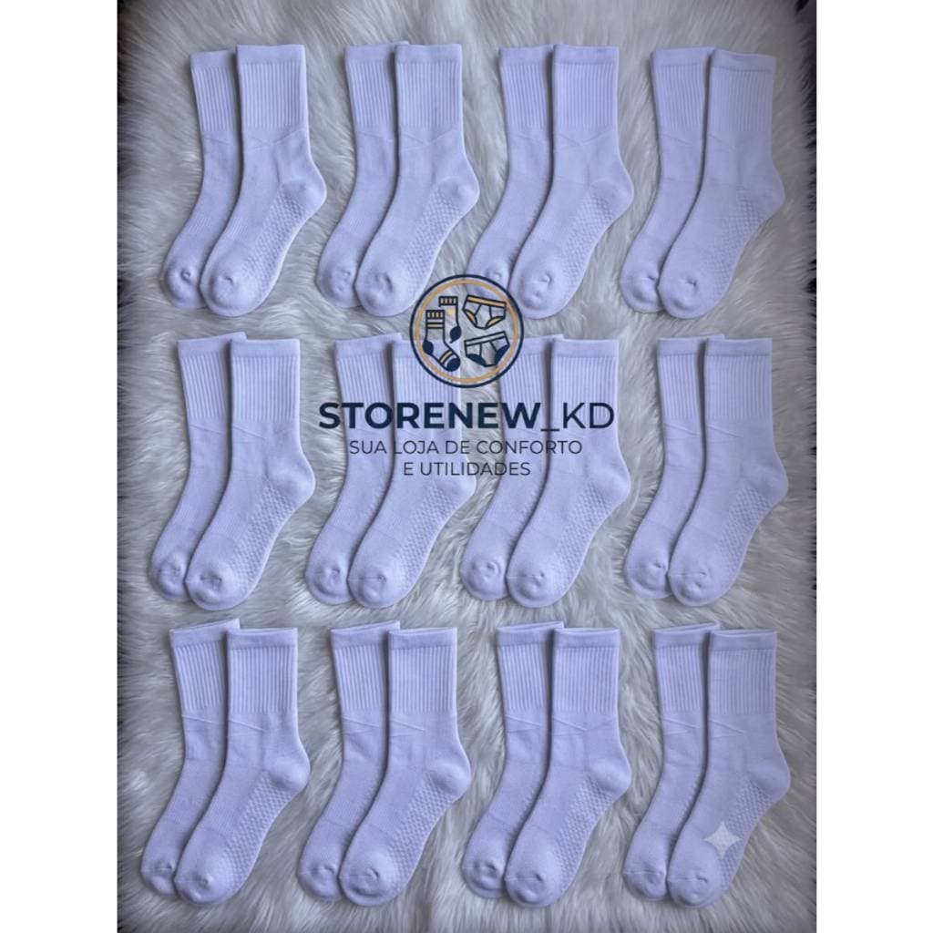 Kit Econômico Meia Longa Branca Algodão 3 a 24 Pares Alta Qualidade, Meia Unissex, Meia Masculina, Meia Feminina