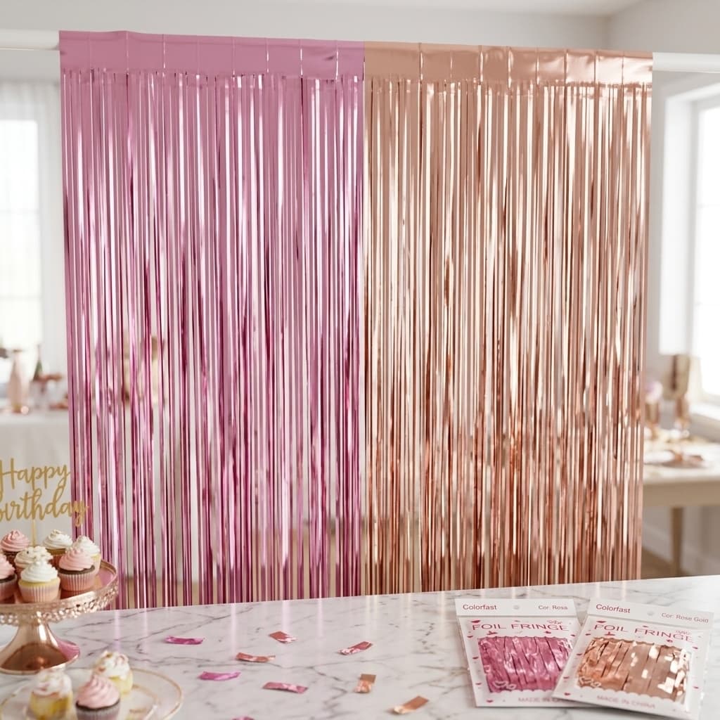 10 unid Cortina Metalizada 2x1m Festa Decoração Brilho Premium Rosê Rosa Prata Enfeite Cenário