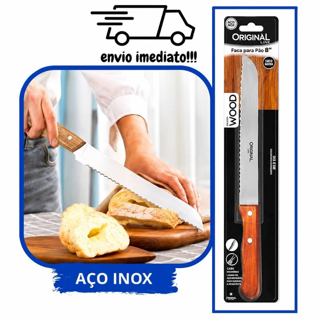 Faca de Pão Cabo de Madeira Premium 8 Polegadas Aço Inox Serrilhada Corte Preciso Cozinha Padaria Premium