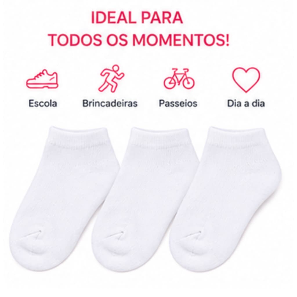 Kit 3/6/9 Pares Meia Infantil Cano Curto Branca Menino Menina Confortável Casual Escolar 2 a 4 Anos