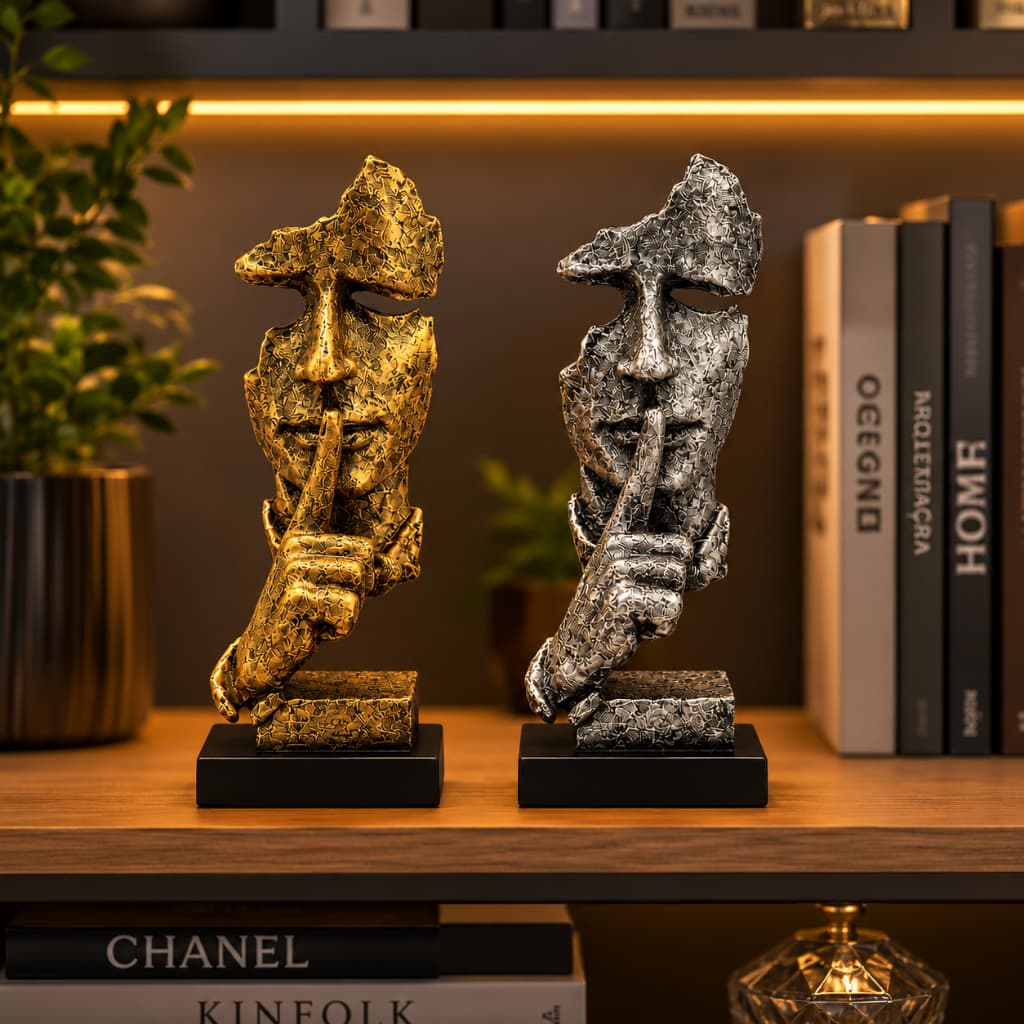 Escultura Decorativa Face Silêncio Arte Moderna Estátua Resina Para Estante Sala De Estar