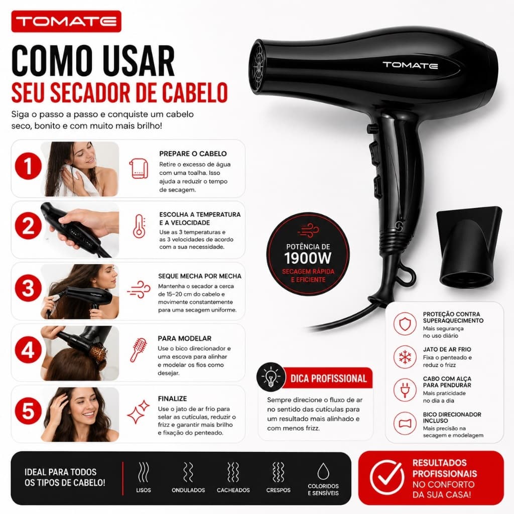 Secador de Cabelo Profissional Tomate Alta Potência 1900W/2000W Bivolt (110V/220V) Secagem Rápida Quente Frio Silencioso