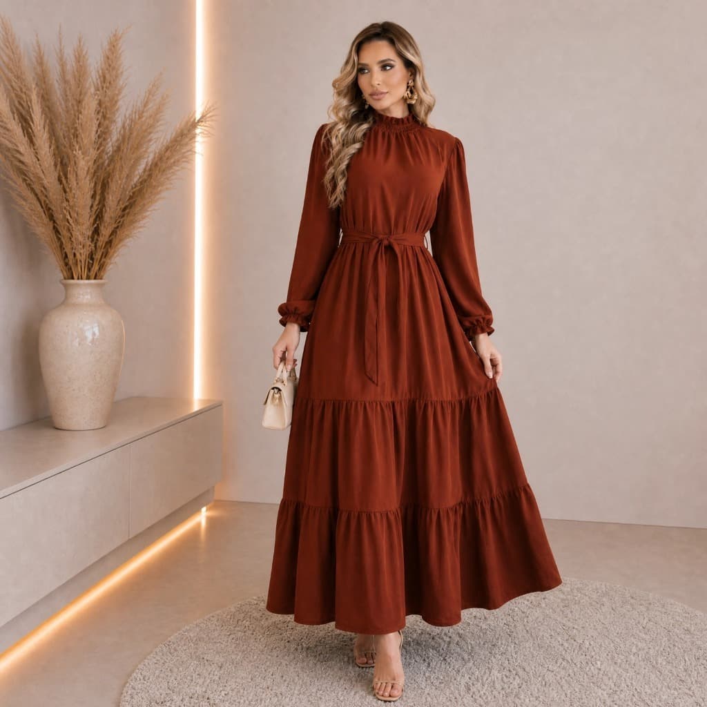 Vestido Feminino Manga Longa Gola Alta Moda Cristã Evangélica Costura Reforçada Elegante P|GG