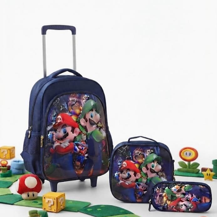 Kit Mochila Escolar 3D com Rodinhas Super Mario e Luigi Reforçada com Lancheira Térmica e Estojo Lançamento