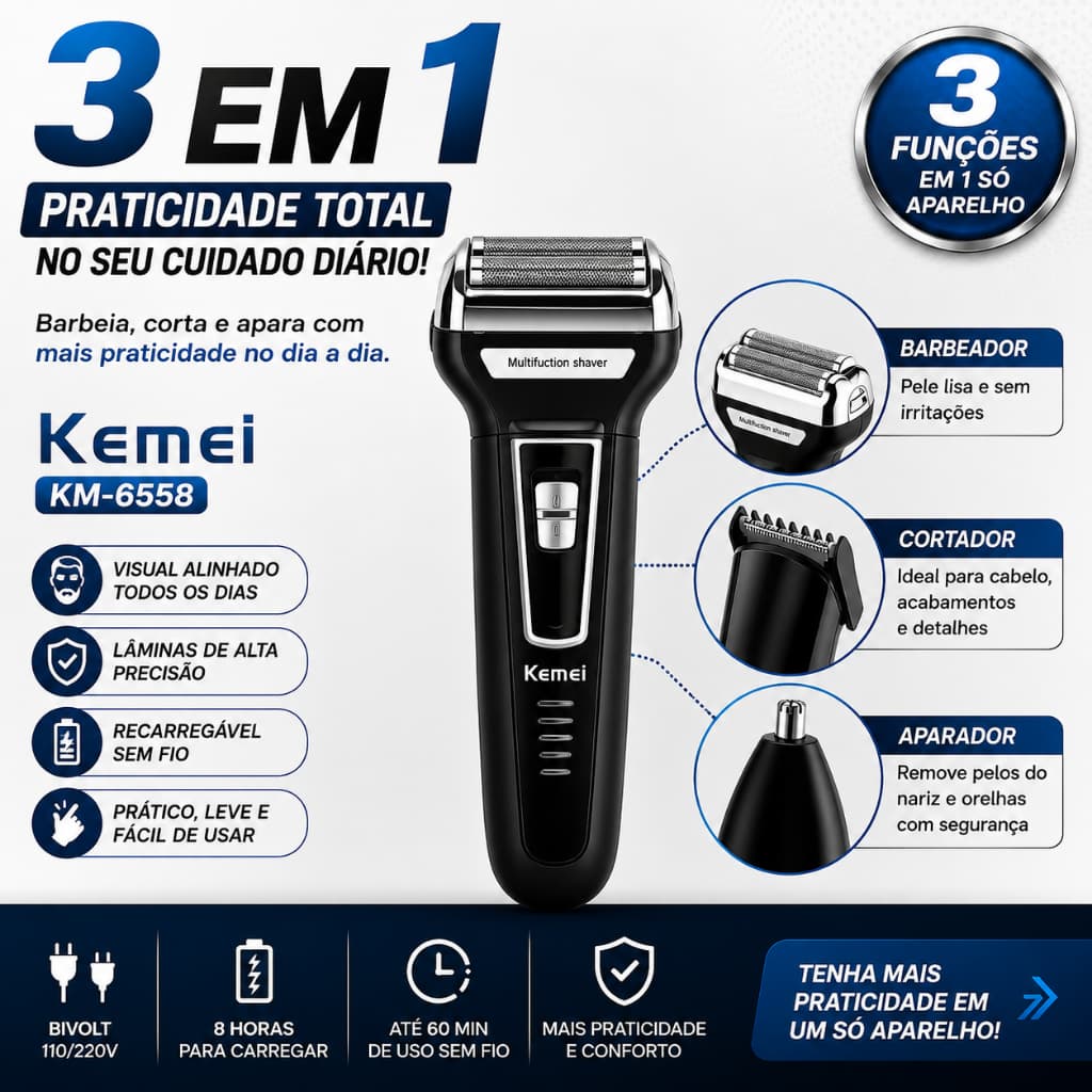 Barbeador Elétrico Kemei KM-6558 3 em 1 Recarregável Bivolt Aparador de Barba Cabelo e Nariz