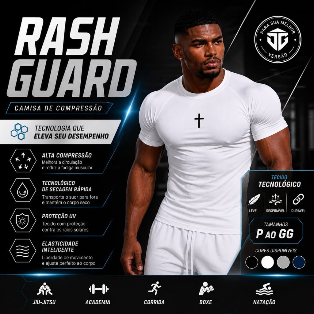 Camisa Compressão Manga Curta Masculina Rash Guard Cruz Academia Treino Fitness UV50