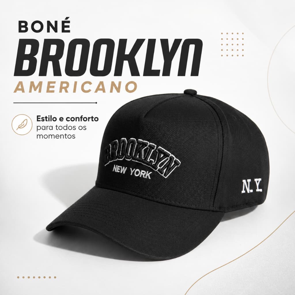 Boné Americano Brooklyn Bordado Alta Definição Fecho de Platico Aba Curva Masculino