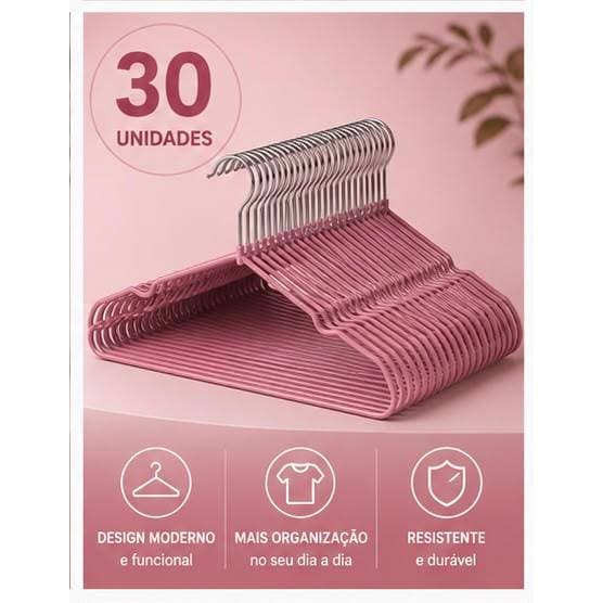 Kit 30 Cabides de Aço Adulto 44cm Rosa Antiderrapante 5 a 30 Unidades