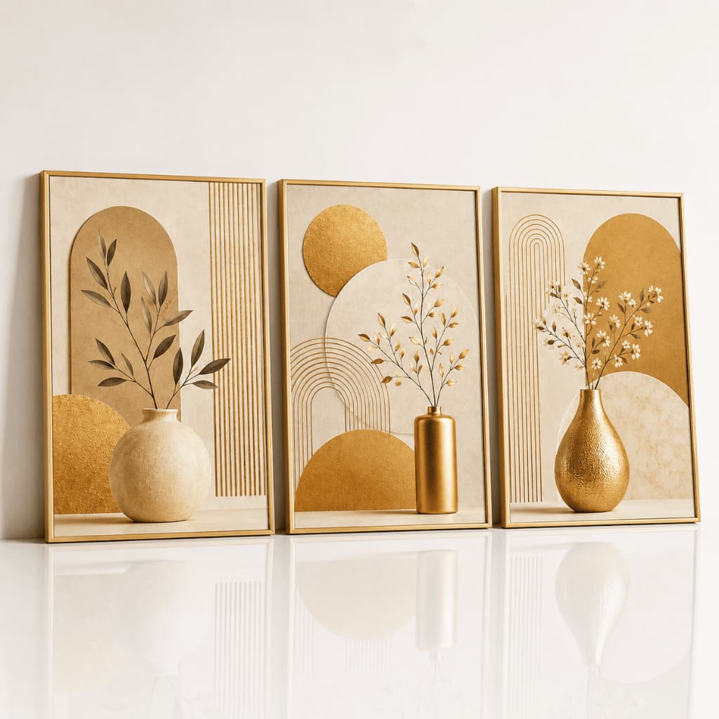 Trio 3 Quadros Decorativos Abstratos Bege Dourados Vasos Folhagens Boho Chic