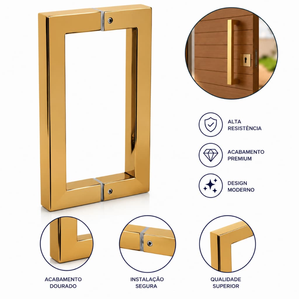 Puxador U Duplo 20cm Inox Dourado para Portas de Vidro e Madeira - Fast Vidros