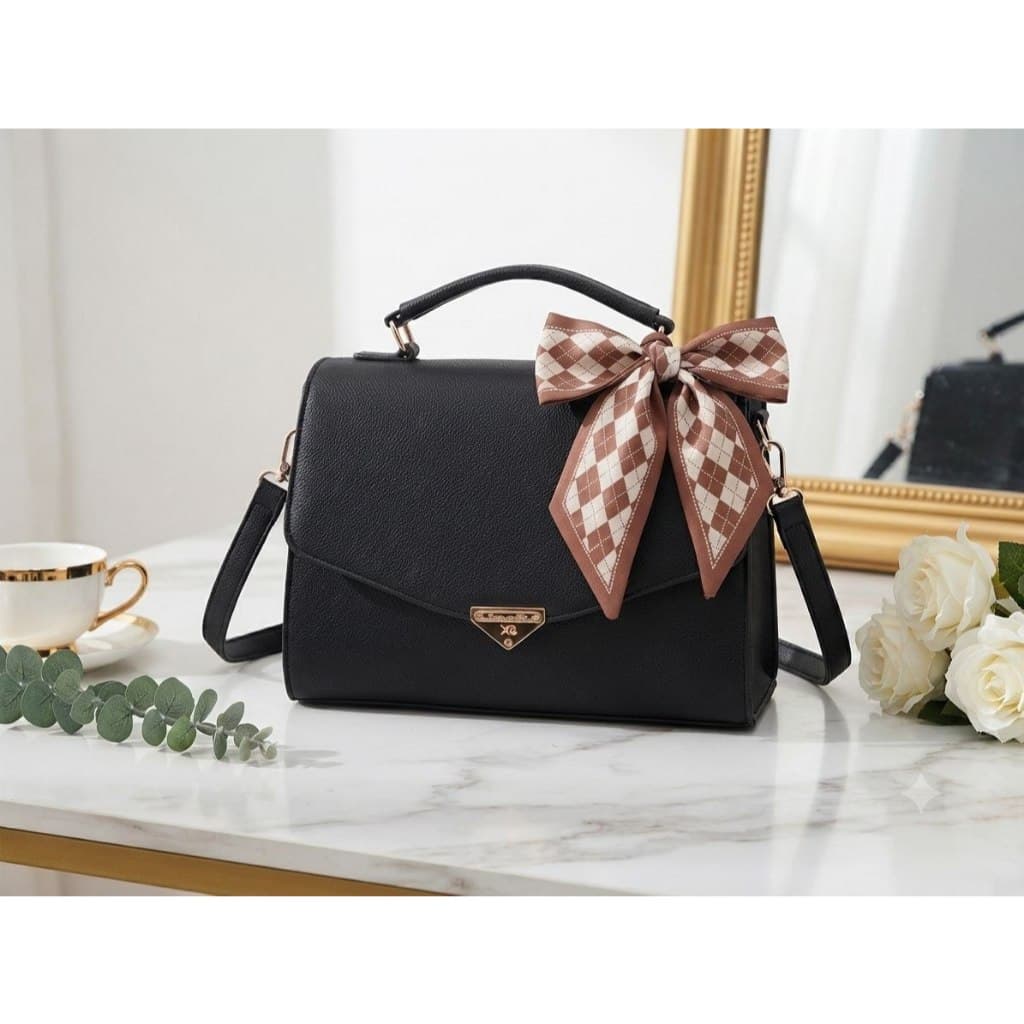 Bolsa Feminina Elegante Forever Best Bag Luxo Transversal e de Mão 2 em 1 com Lenço Alça Removível Preta Casual Premium