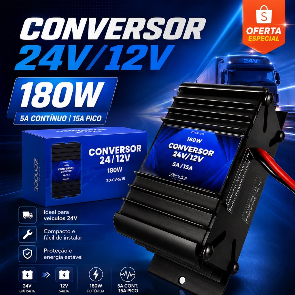 Conversor Zendel 24V para 12V 180W 5A 15A Caminhão Ônibus Rádio Player Multimídia e Acessórios