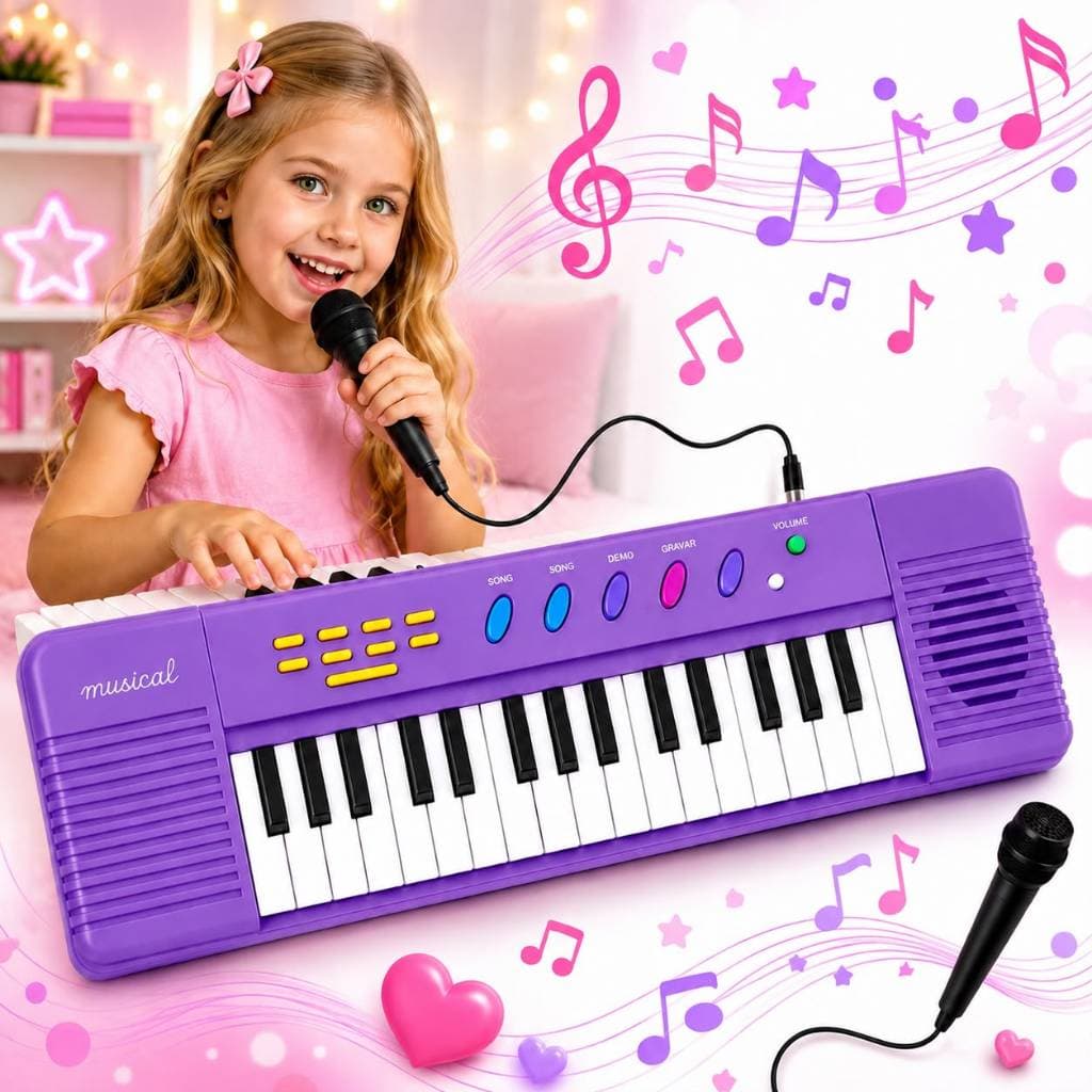 Piano Teclado Musical Infantil Microfone Educativo Karaoke Cor Roxo