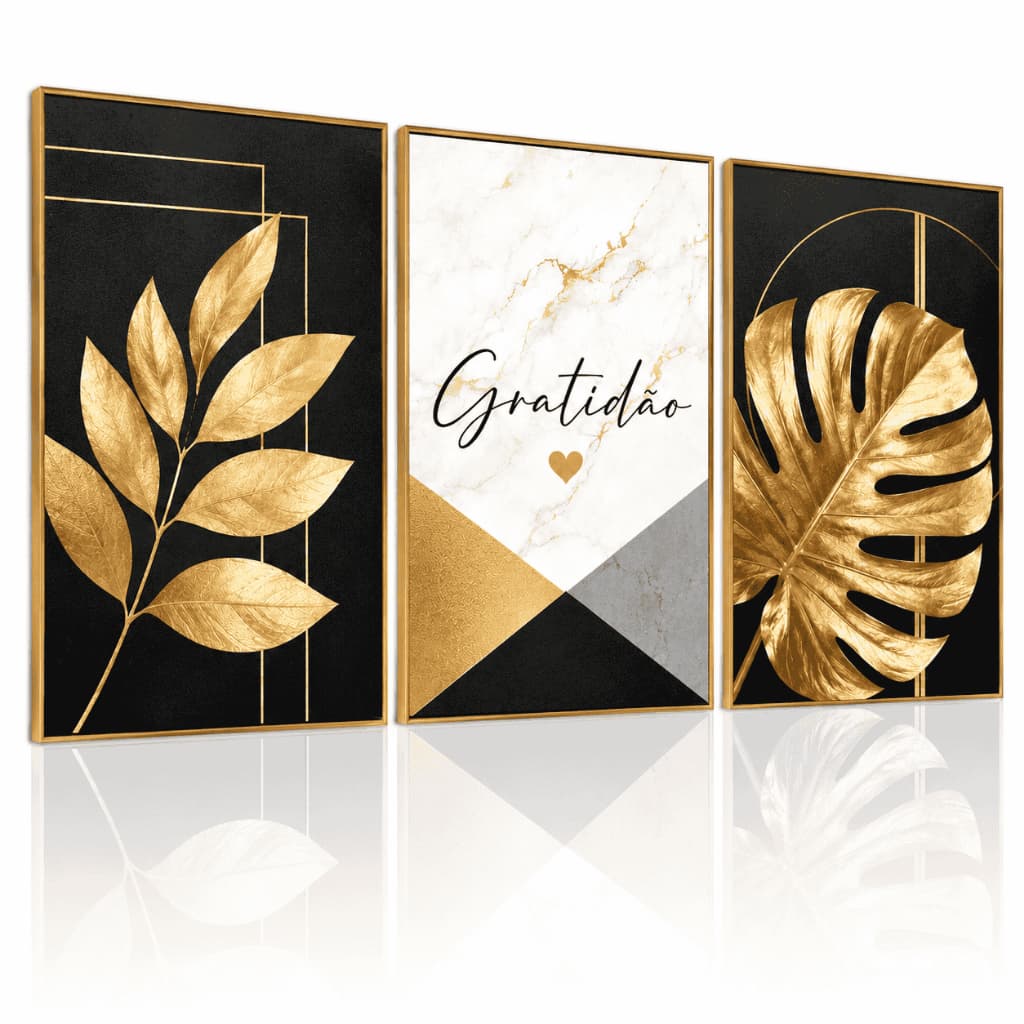 Quadros Decorativos 3 Peças Sala Folhas Tropicais Douradas Luxuosas Escritórios