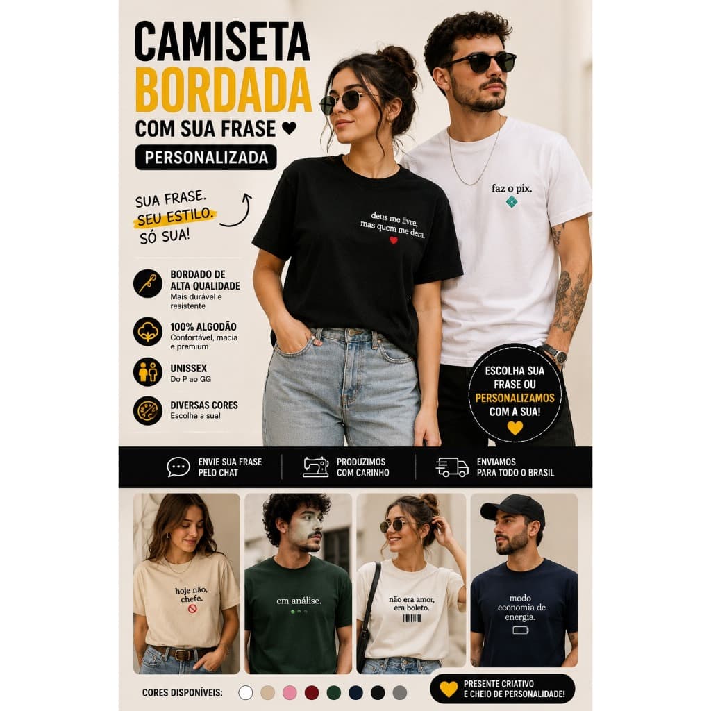 Camiseta Bordada Personalizada Com Sua Frase Meme Engraçada Presente Criativo Unissex 100% Algodão Premium