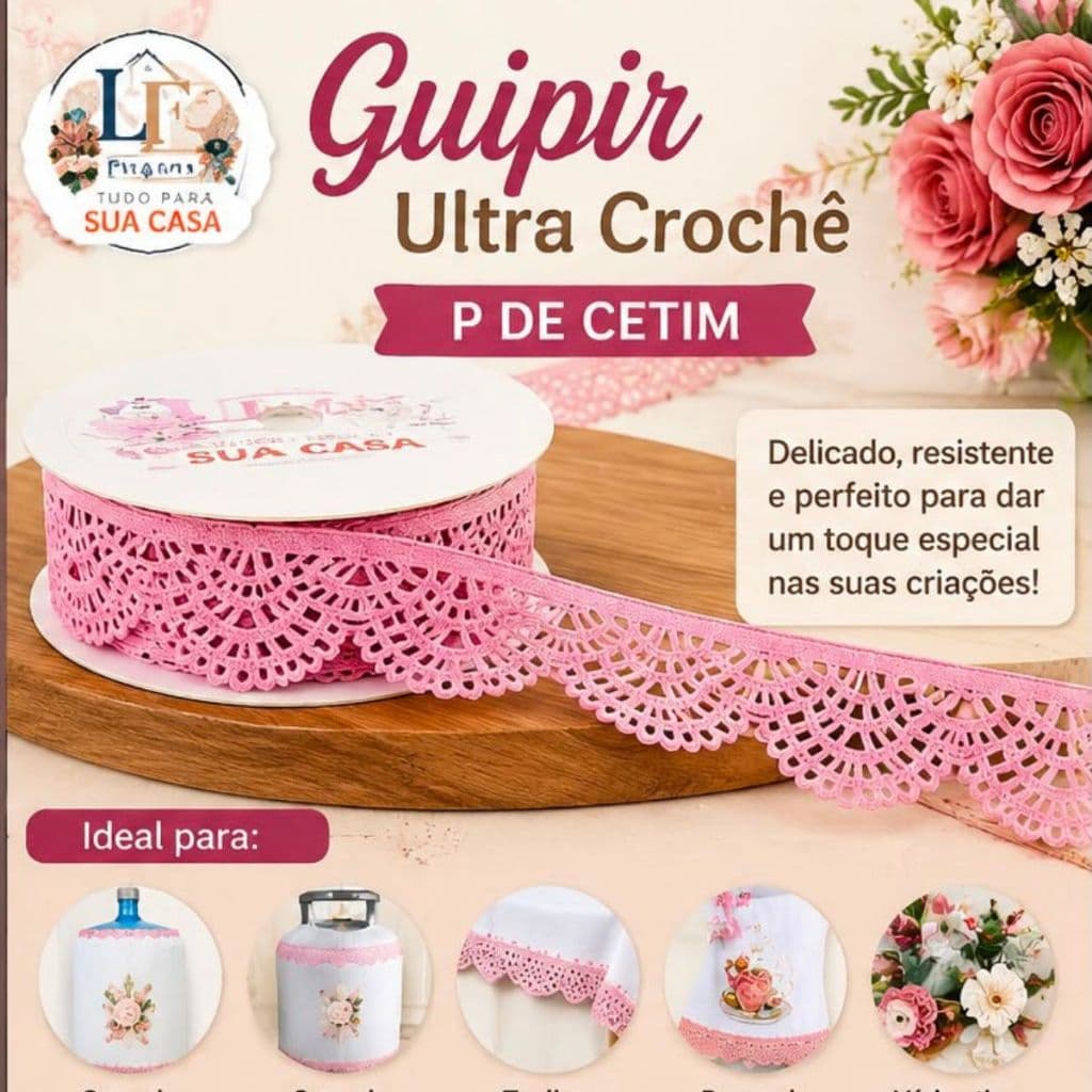 Kit 03 Guipir Ultrassonico Crochê P Cetim 2,4 cm 30metros p/ Guardanapos, Pano de Prato, Capa de Galão, Toalhas de Banho