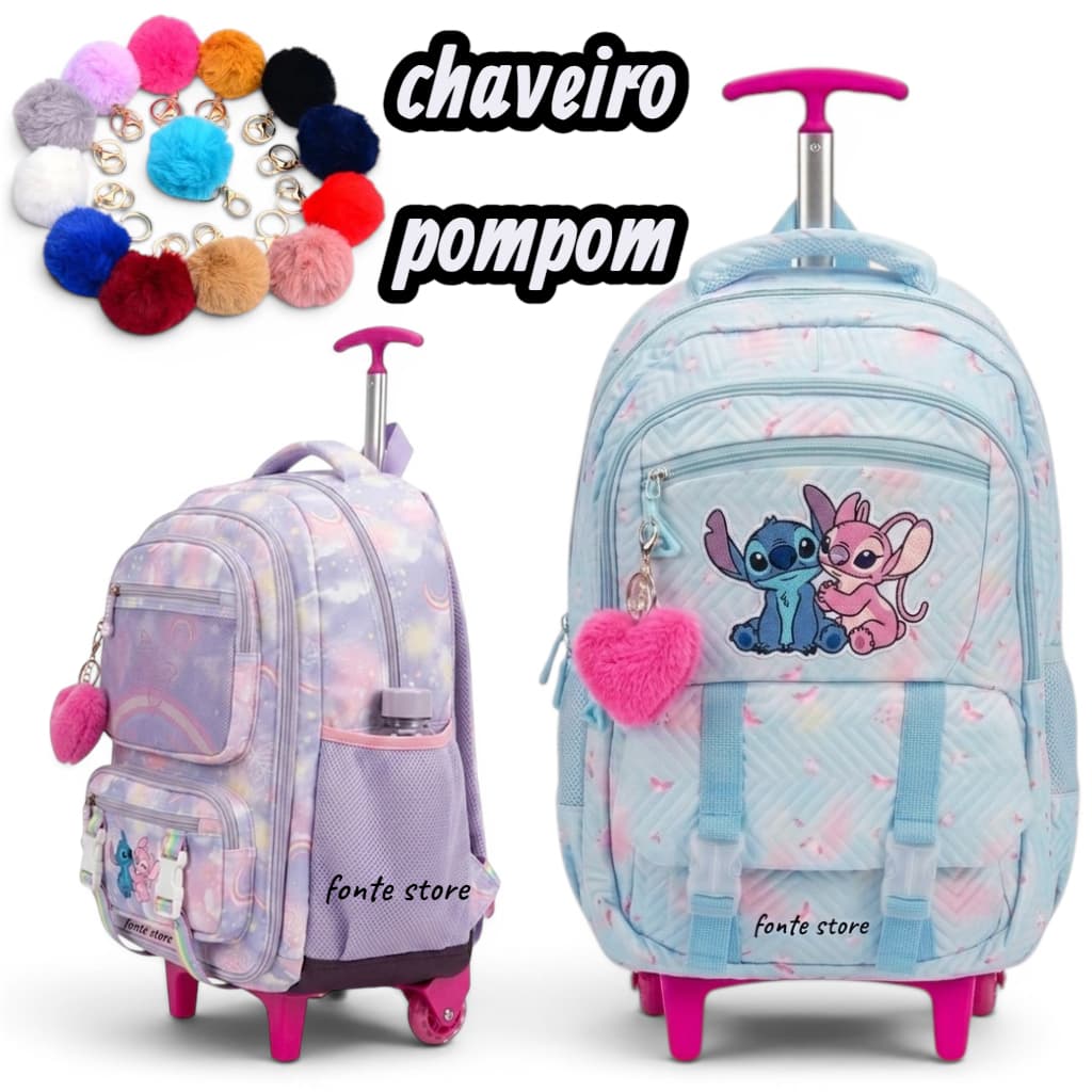 Mochila Escolar de rodinhas com chaveiro pompom