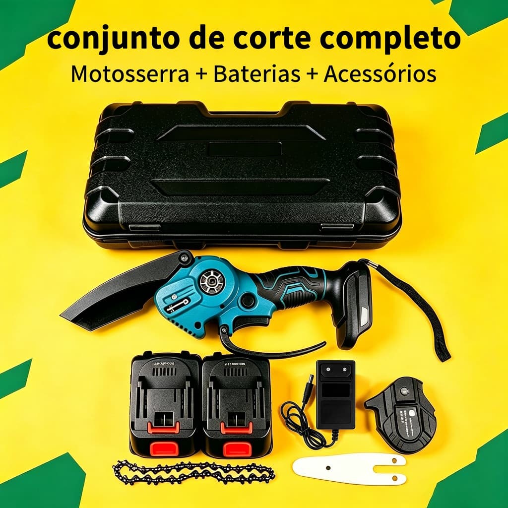 Mini Motosserra Elétrica 4 Pol Brushless 21V Sem Fio Portátil Azul com 2 Baterias para Poda e Jardim