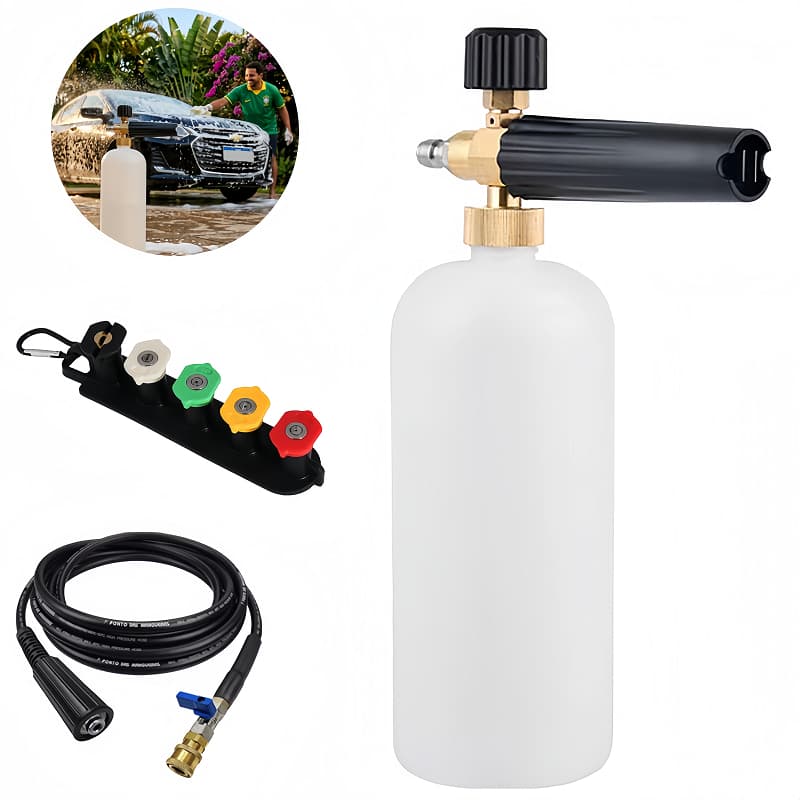 Kit mangueira 6m/10m para lava jato - Com snow foam 1000ML, 5 bicos coloridos, adaptador M22