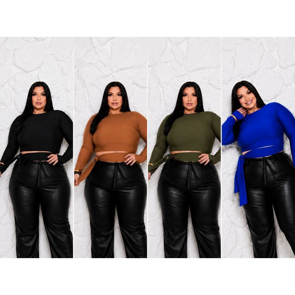Blusa Cropped Plus Size Feminina Manga Longa com Amarração Lateral em Suplex Premium | Moda Elegante G1 (48 ao 52)