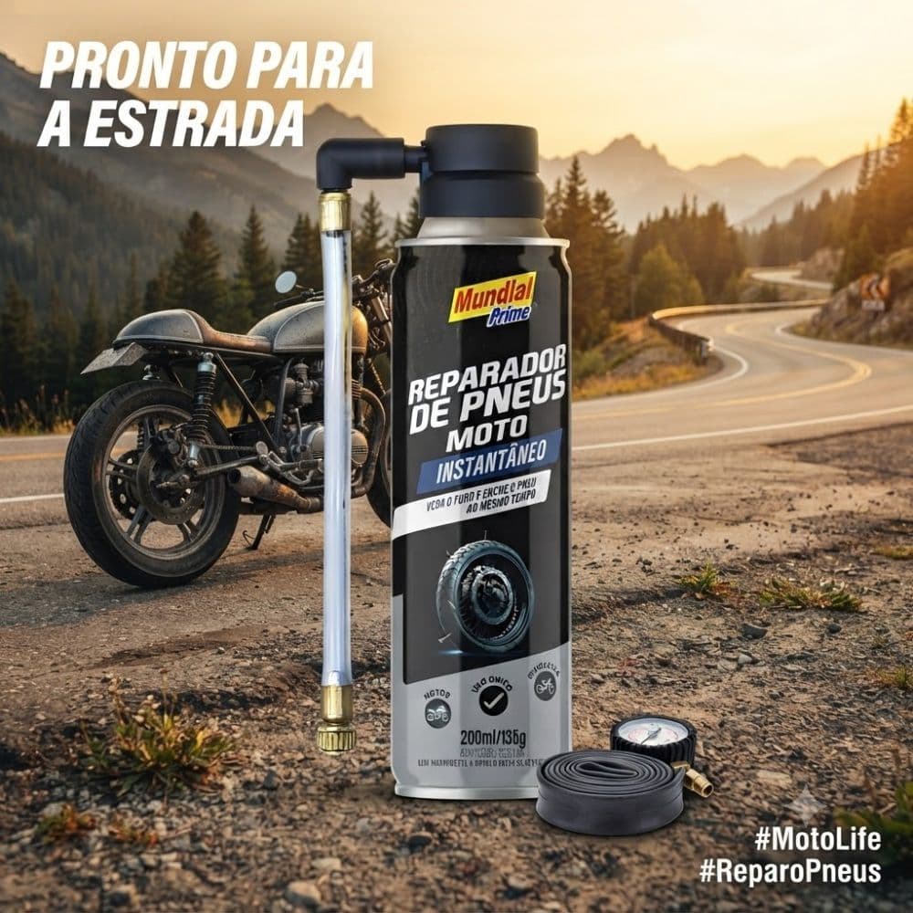Reparador de Pneu Moto Mundial Prime 200ml Veda Furo Enche Pneu Com e Sem Câmara Bicicleta