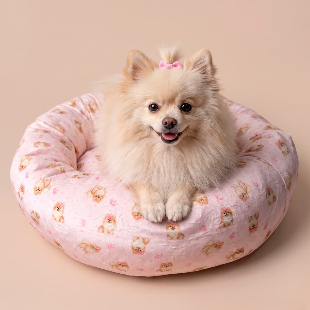 Caminha Pet Redonda Plush Estampada Spitz Rosa Para Dog Pequeno Com Almofada Removível