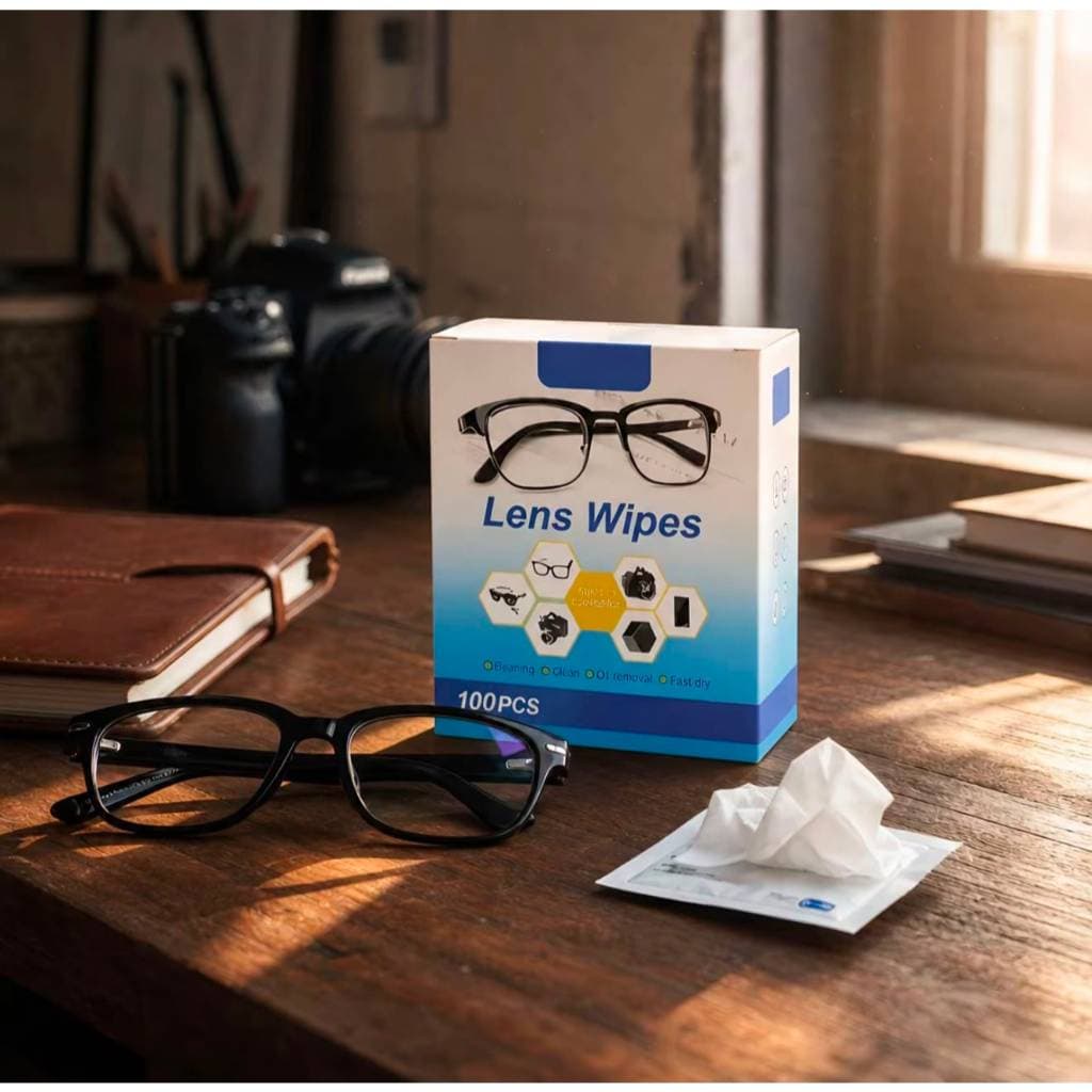 Kit 100/200 Lenços Flanela Óculos Lens Wipes Umedecidos Antiembaçante Multimídia Celular Câmera Tela Limpa Lentes Viagem