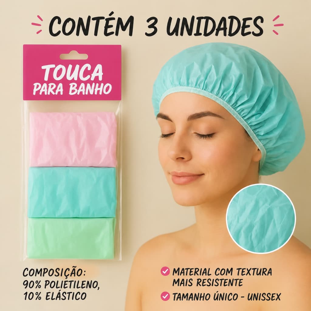 Kit 3 Touca de Banho Plástica Impermeável Unissex Polietileno Elástico Tamanho Único Impermeável
