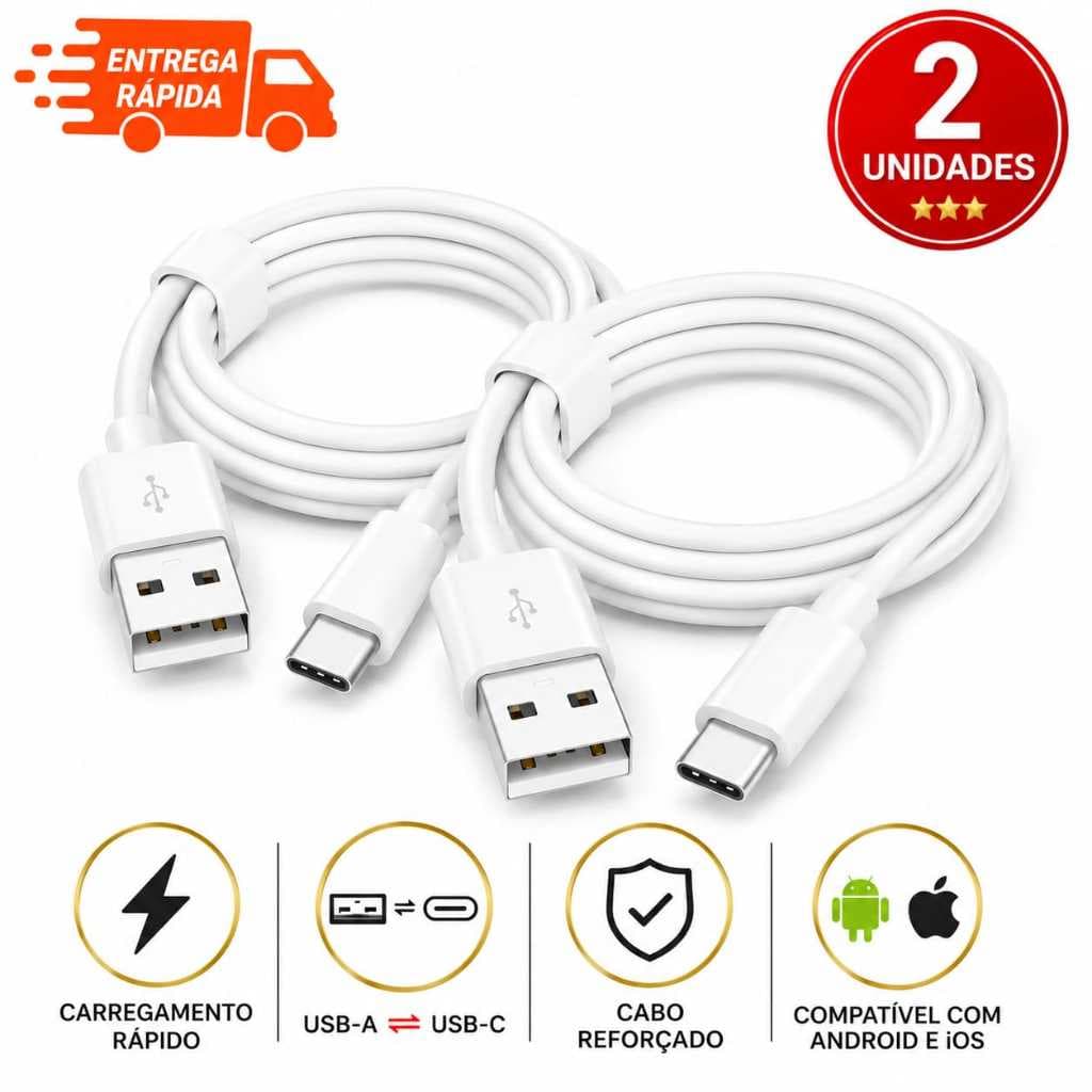 Cabo Tipo C Turbo Samsung KIT 2  unidades USB x Tipo C Reforçado Compatível Iphone 15 16 e 17 Pro Max e Android 1m