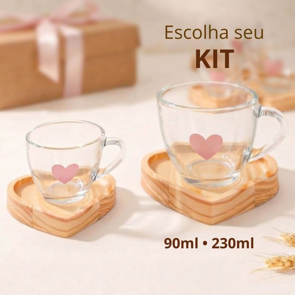 Jogo Xícaras Café Chá Capuccino e Espressos em Vidro com Pires de Madeira Coração Rosa