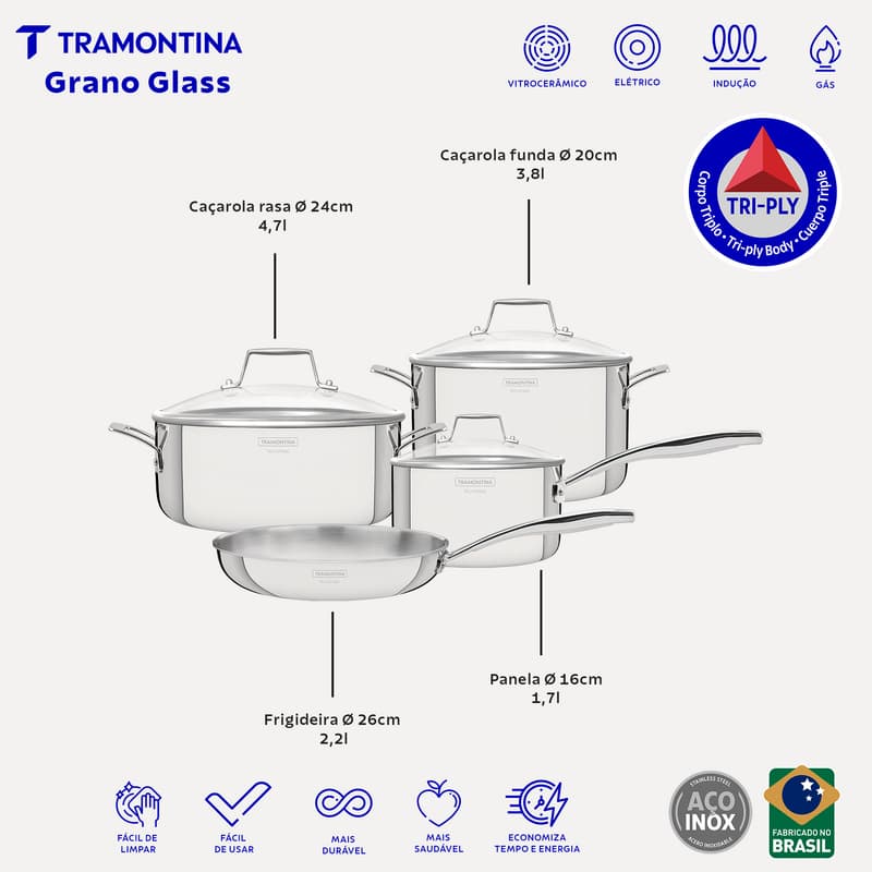 Jogo de Panelas Tramontina Corpo Triplo Grano em Aço Inox 4 Peças Tampa de Vidro Fogão de Indução