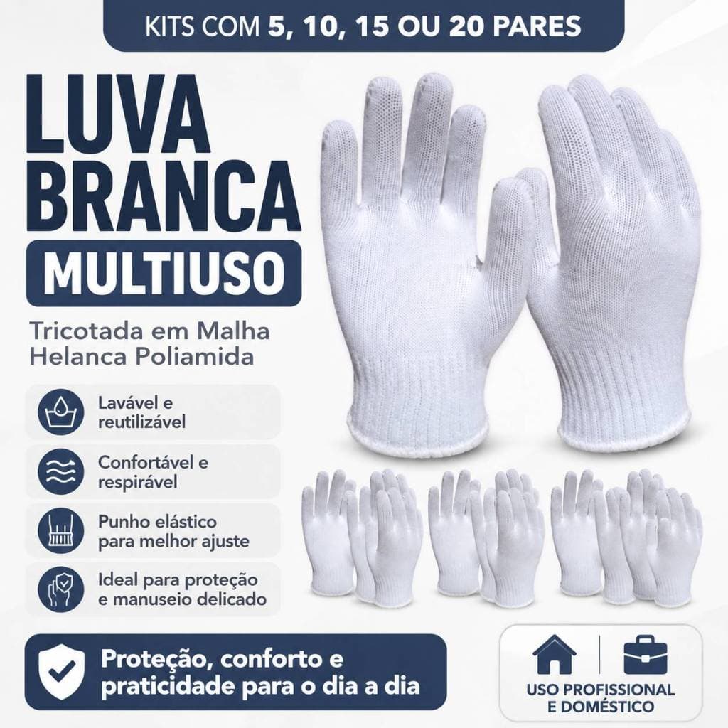 Luva Branca Tricotada Malha Helanca Poliamida Kit 5 10 15 20 Pares Proteção EPI Multiuso Lavável