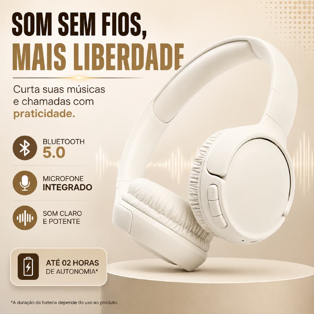 Fone Bluetooth Sem Fio On-Ear Premium Bluetooth 5.0 Com Microfone USB-C Conexão Multipontos Bege