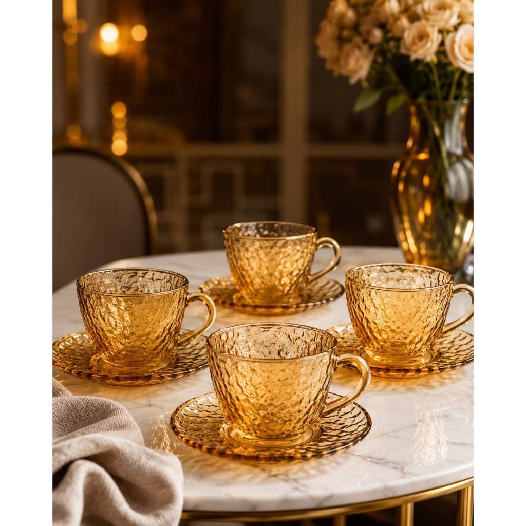 Conjunto de 4 Xícaras de Café 90ml Com Pires Âmbar Martelada Wellmix Vidro Premim Para Ótimo Chá Cozinha Decorada