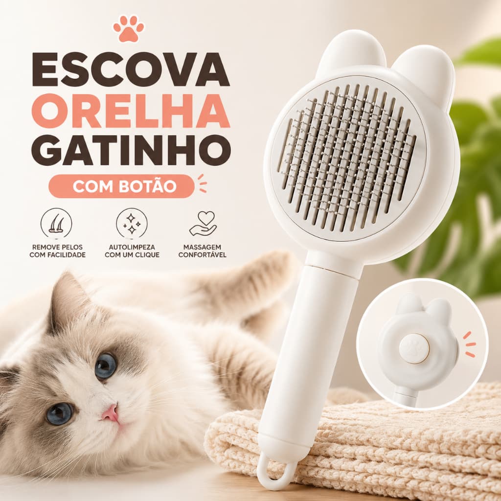 Escova  Pet Autolimpante com Botão – Formato Gatinho para Cães e Gatos