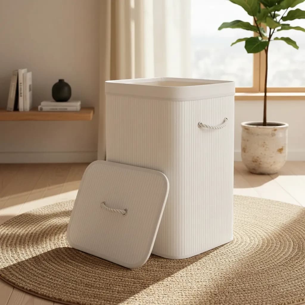 Cesto de Bambu com alças e tampa 70L- Branco