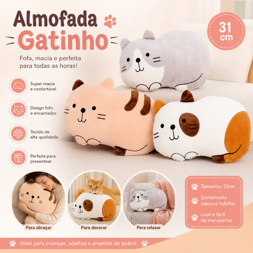 Almofada Gatinho de Pelúcia 31cm Super Macia Decorativa