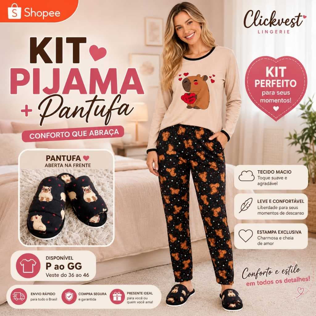 kit pijama da capivara adulto feminino + pantufa de quarto chinelinho manga comprida calça