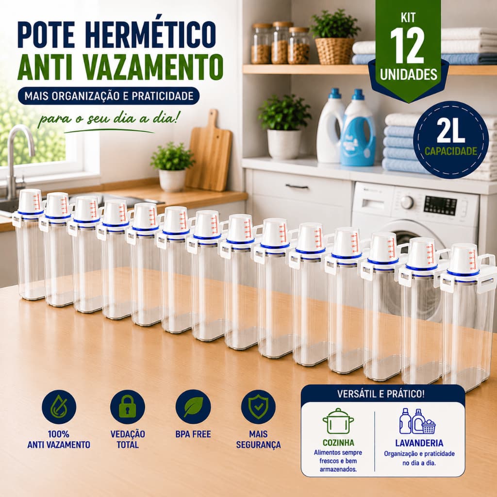 Kit 12 Pote Hermético 2 Litros Porta Mantimentos Sabão em Pó Ração Pet com Bico Dosador Copo Medidor