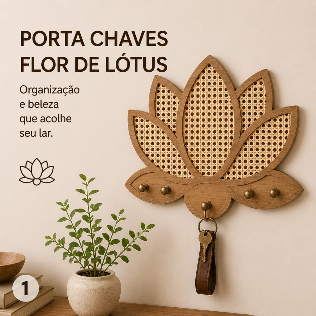 Porta Chaves Flor de Lótus MDF com Palha Indiana Decorativo Hall de Entrada