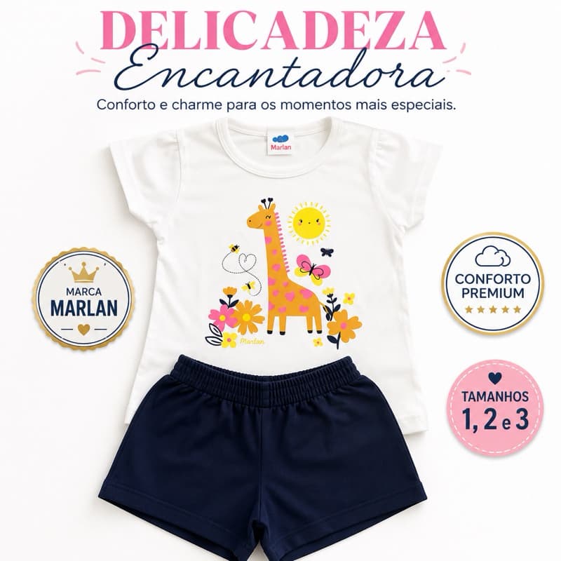 Conjunto Infantil Menina Marlan Girafinha Delicado Verão Tam. 1, 2 e 3