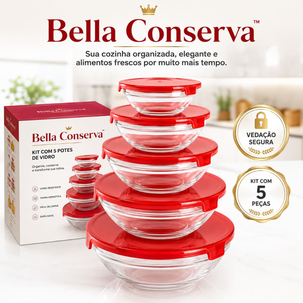 Kit 5 Potes de Vidro com Tampa Hermética Organizador Cozinha Mantimentos Grãos Alimentos Bella Conserva™