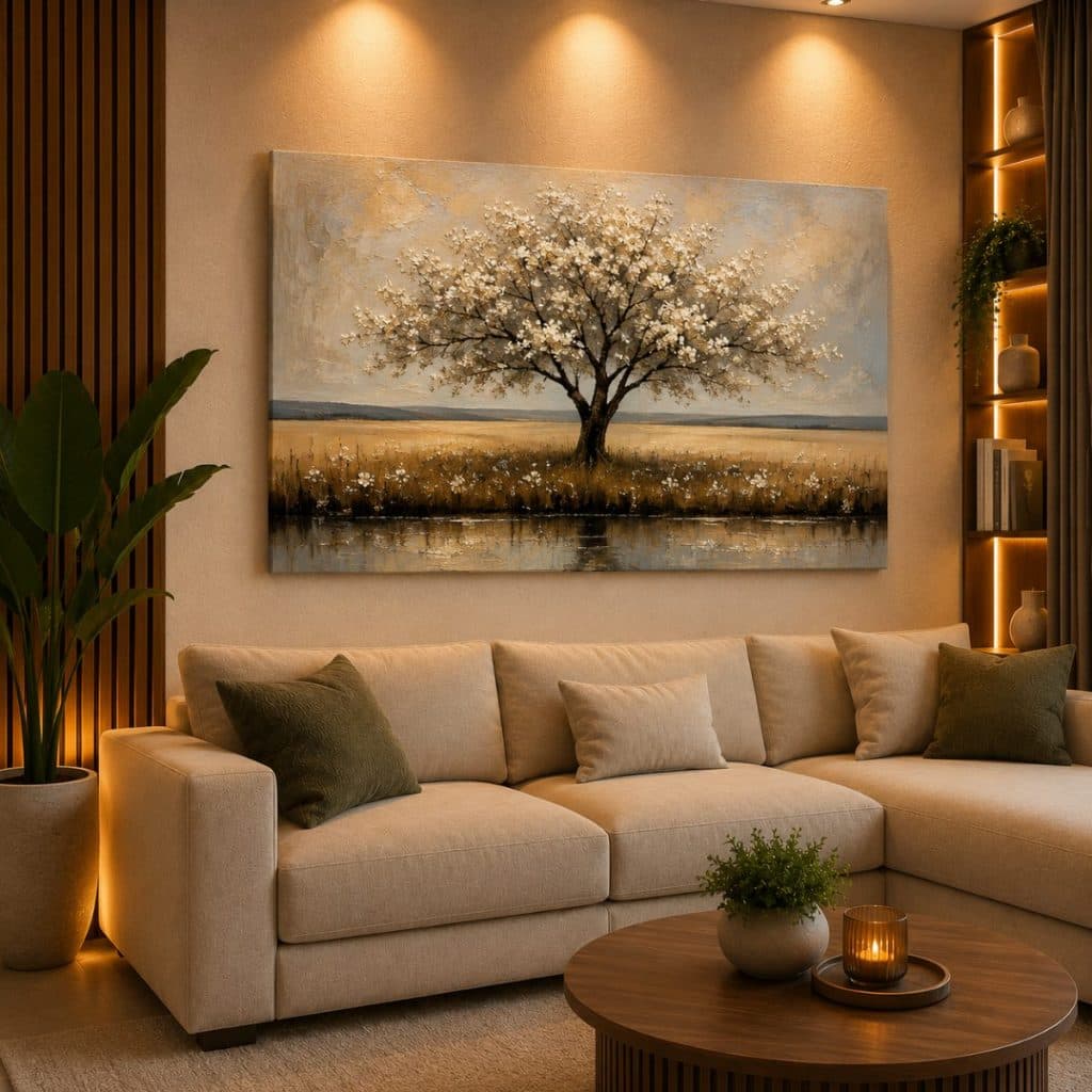 Quadro Decorativo Árvore Flores Brancas Ypê 80x110cm Decoração de Parede Hall Luxo Sala Quarto MDF