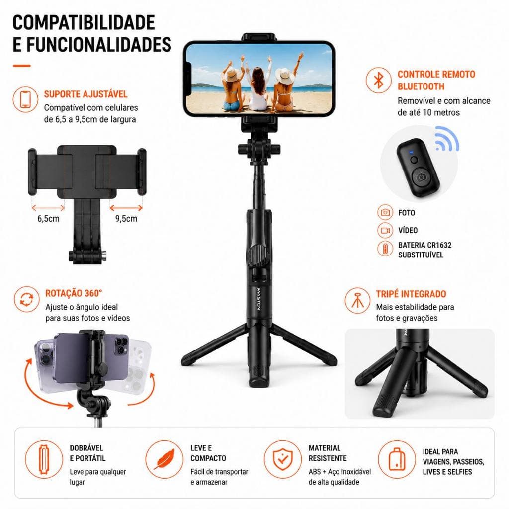 Bastão Selfie Bluetooth Retrátil 106cm Controle Remoto Tripé Portátil Ajustável Para Celular Android iPhone