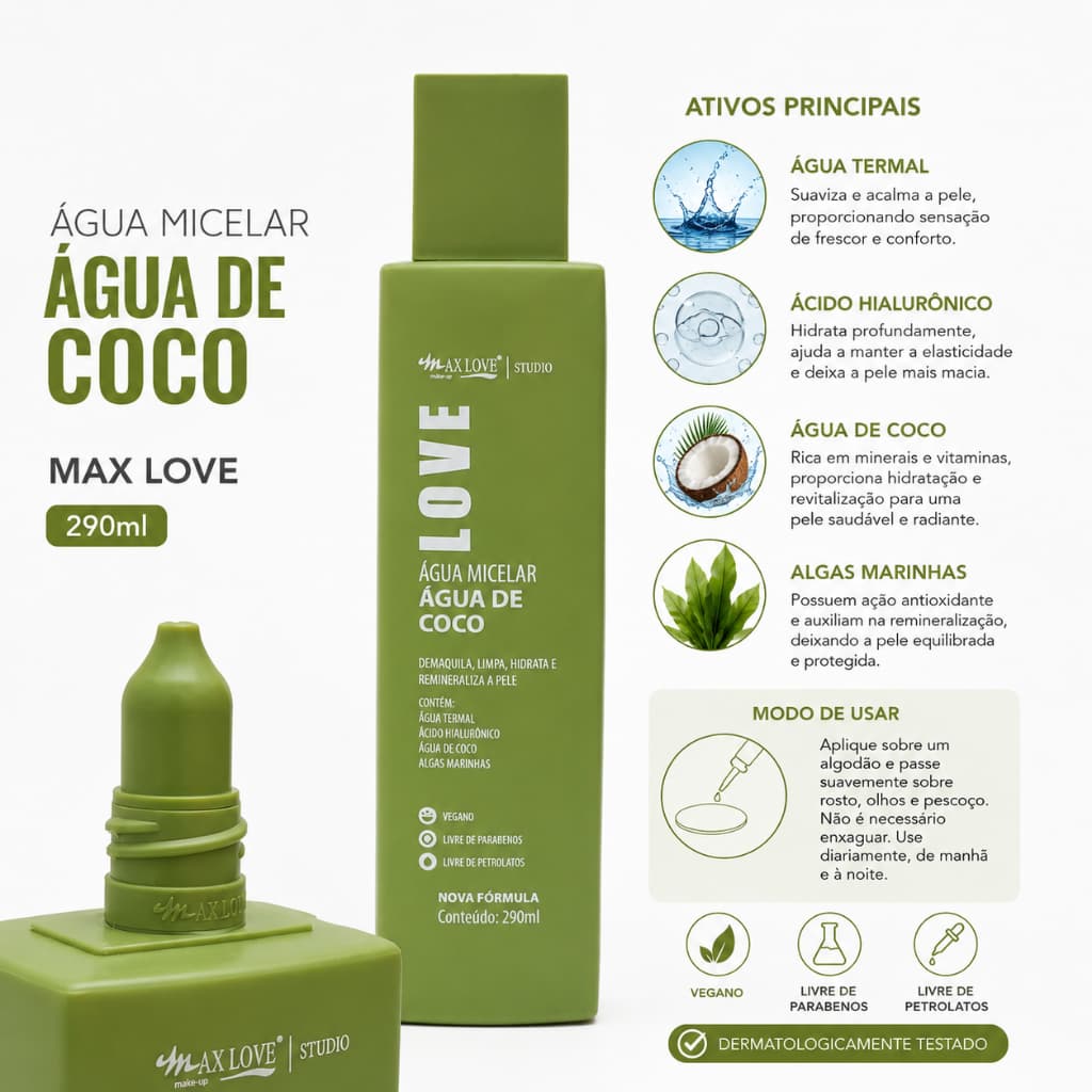 Água Micelar Água de Coco Max Love 290ml | Limpa, Hidrata e Revitaliza a Pele